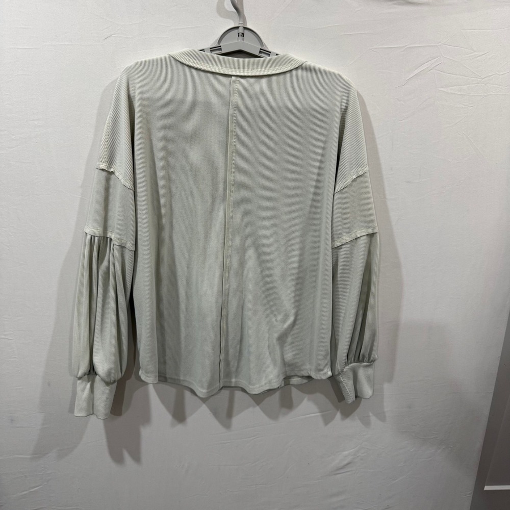 BTFBM‎ Womens Cream Ribbed V-Neck Balloon Sleeve Pocket Top Small 7091 - Picture 2 of 8